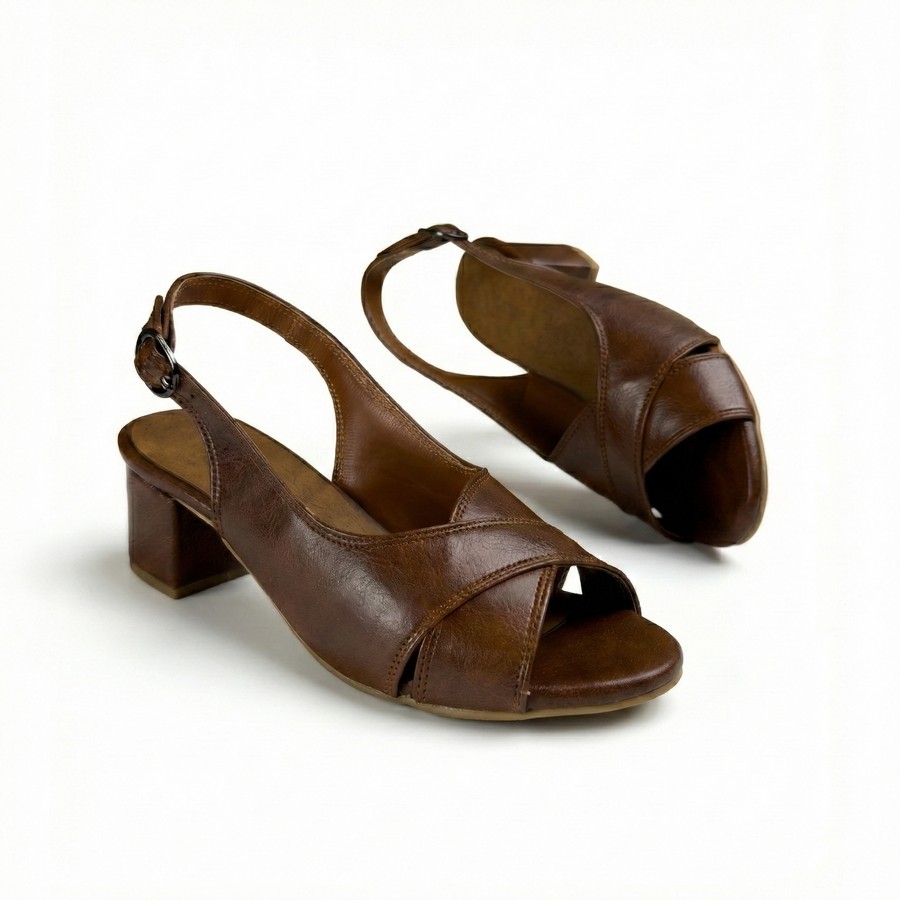 Women’s Italian leather sandal in tan with a leather insole, lightweight sole, 4 cm heel